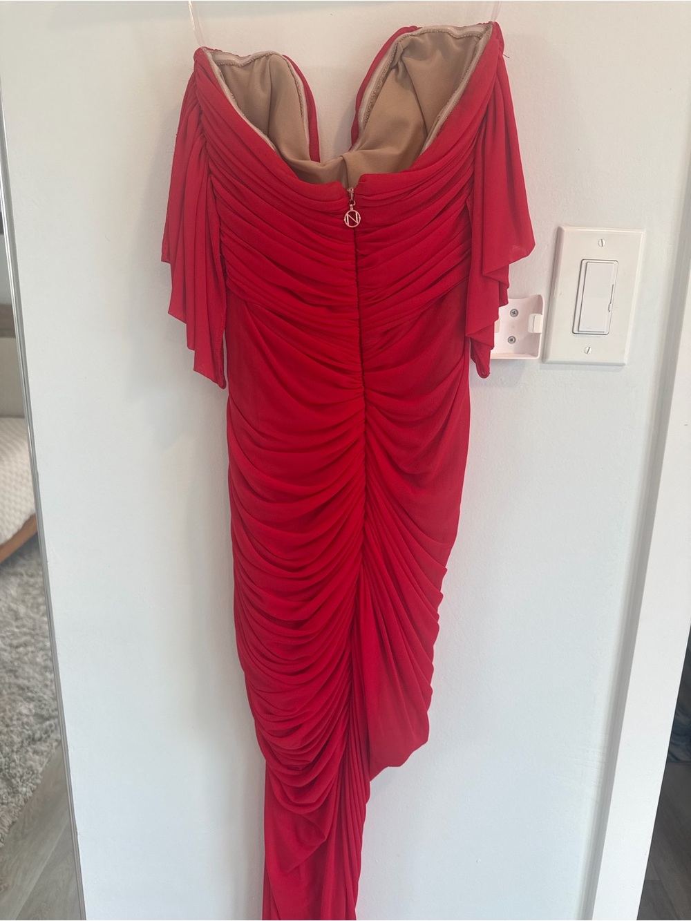 REVOLVE NOOKIE Dita Mesh Gown Red Ruched Off-Shoulder Evening Dress - Picture 8 of 11